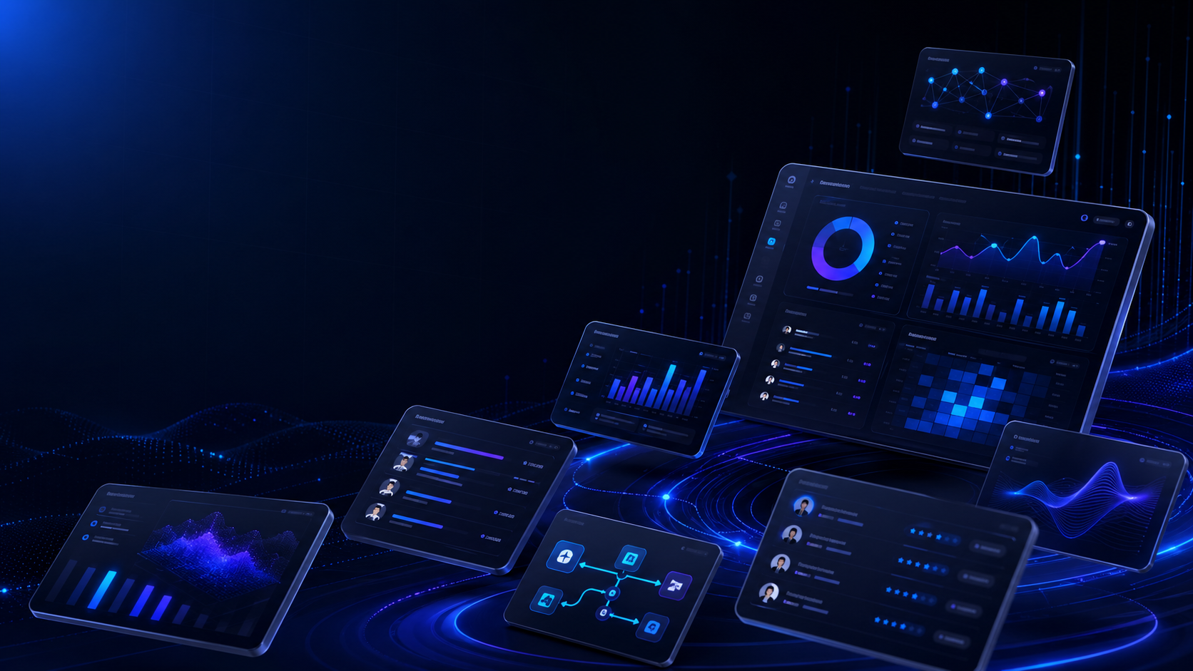 Illustration of an AI efficiency score dashboard with workflow and performance analytics