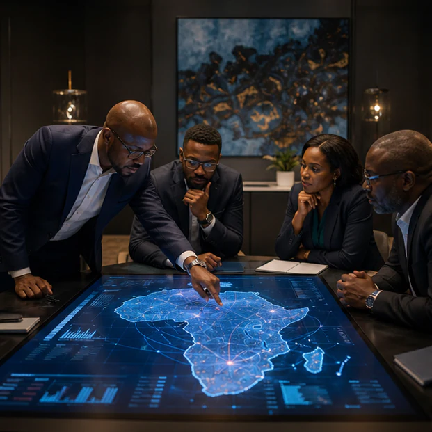 Business leaders reviewing an AI transformation map