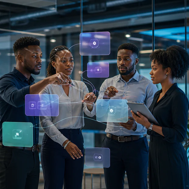AI assistant matching business function icons to solution workflows